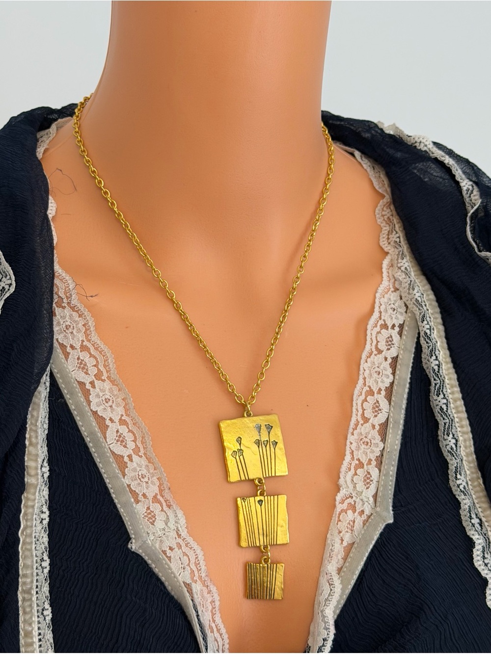 Vintage Lancôme Paris Signed Gold Tone Tiered Panel Pendant Necklace Floral